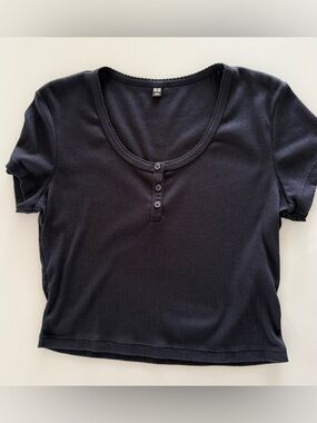Uniqlo Women Cotton Blend Navy Blue Short Sleeve Henley Crop Top - Large - NWOT